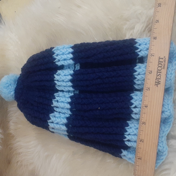Baby Blue Navy Chunky knit acrylic pompom Beanie Hat OS CAP - Picture 2 of 3